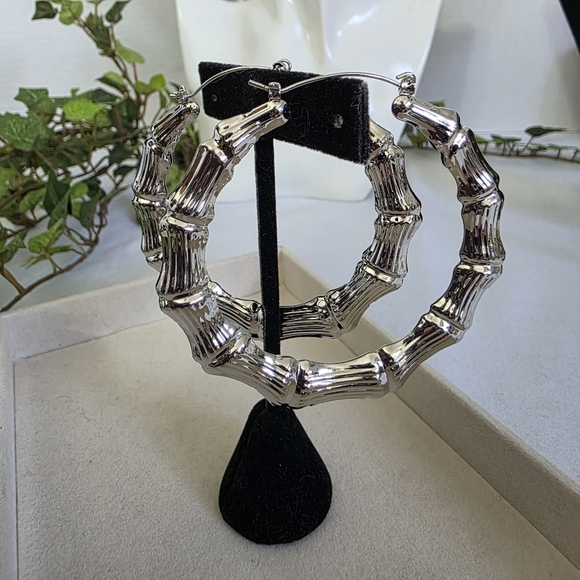 Silver Large Doorknocker Bamboo Hoop Earrings - Picture 7 of 12
